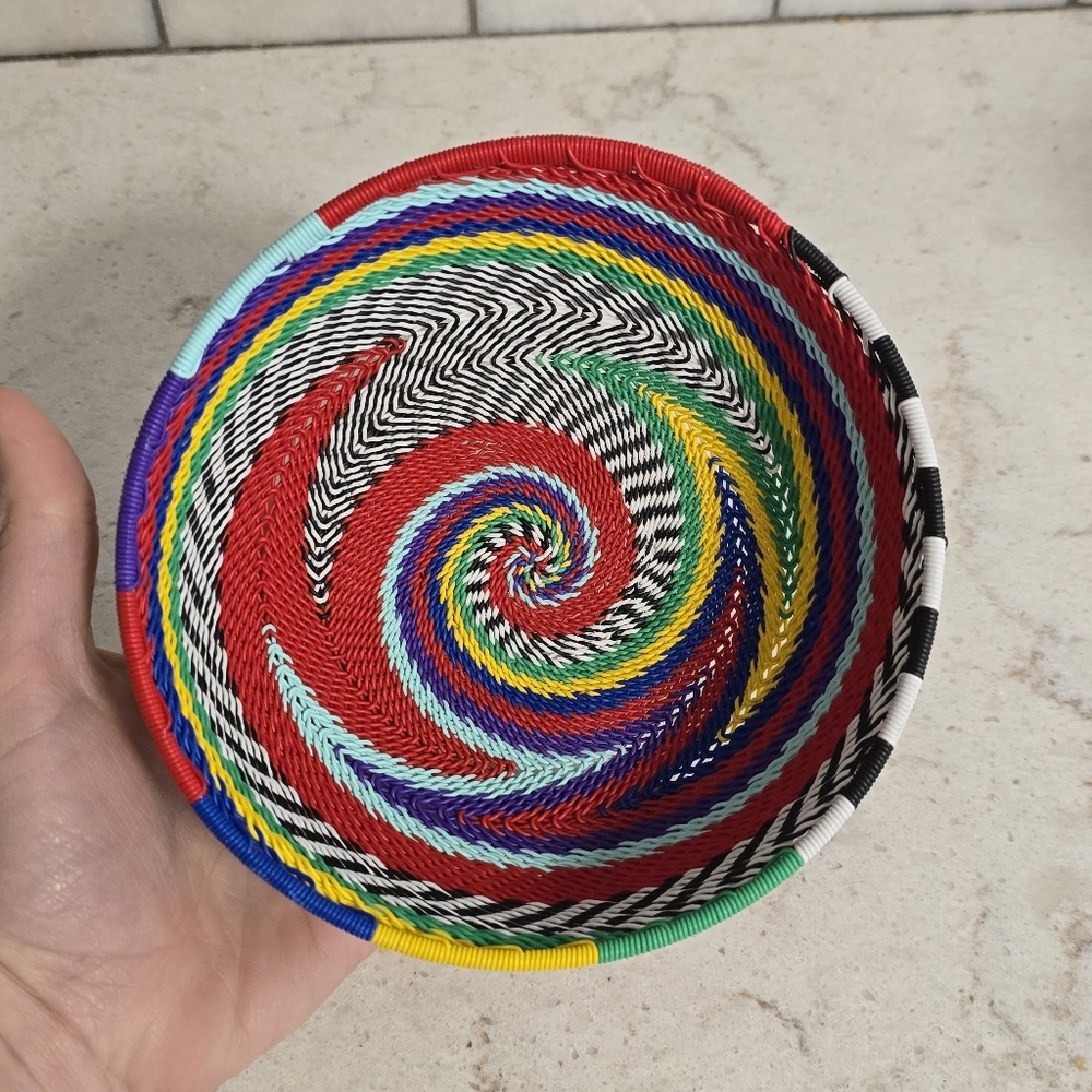 Handmade Bright Colorful Telephone Wire Basket Made In Africa